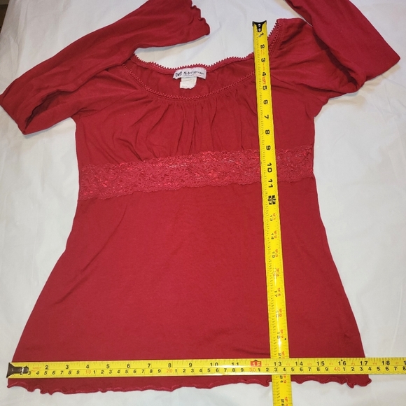 VTG 90s ❤️ Self Esteem ❤️ Red Peasant Blouse w/ Lace Empire Waist & Bell Sleeves - Picture 10 of 14
